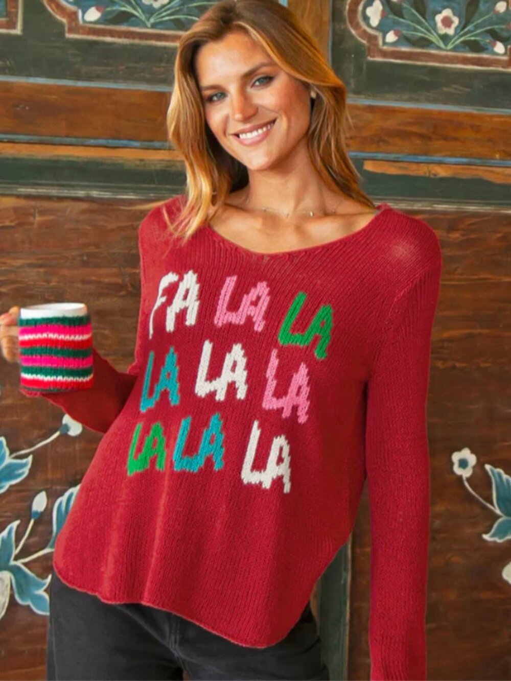 Wooden Ships FA LA LA Christmas Sweater Cotton V Neck Red Super Soft Relaxed XL